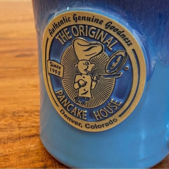 Deneen Pottery Hand Thrown Light Blue Drip Glaze The Original Pancake House Mug - Picture 3 of 12
